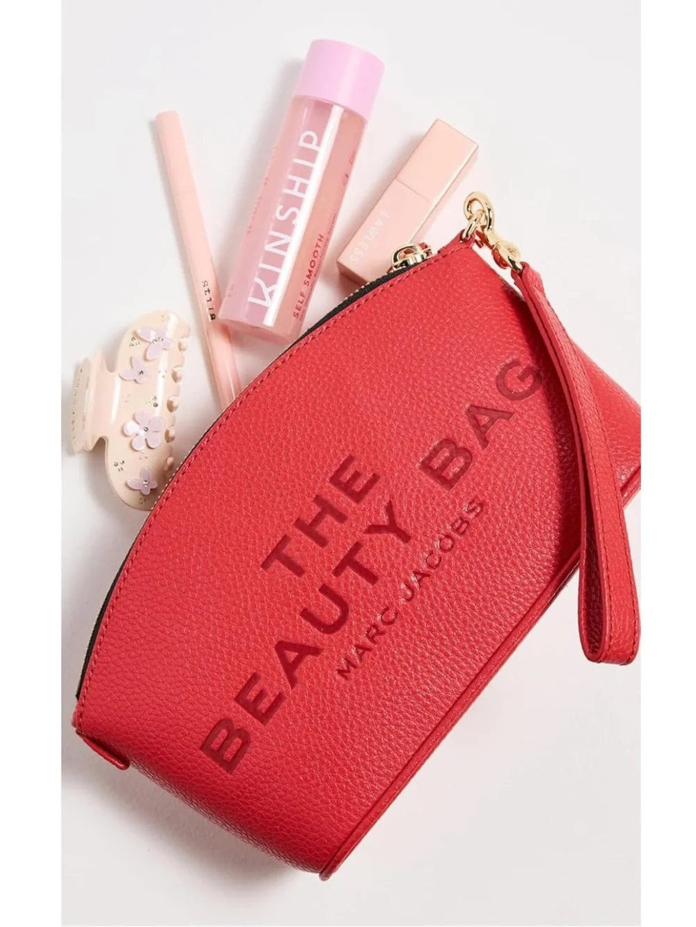 New Marc Jacobs Red Pebbled Leather Beauty Bag Pouch Wristlet